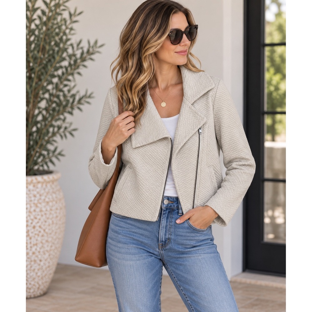 CAbi Cream Textured Moto Jacket Womens S Cropped Zip Quilted Casual Cotton